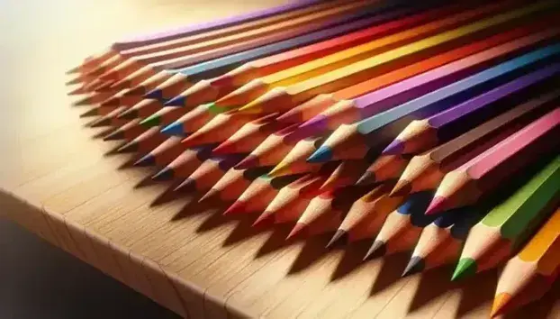 Lápices de colores con puntas afiladas dispuestos en abanico sobre superficie de madera clara, mostrando un espectro de rojo a violeta.