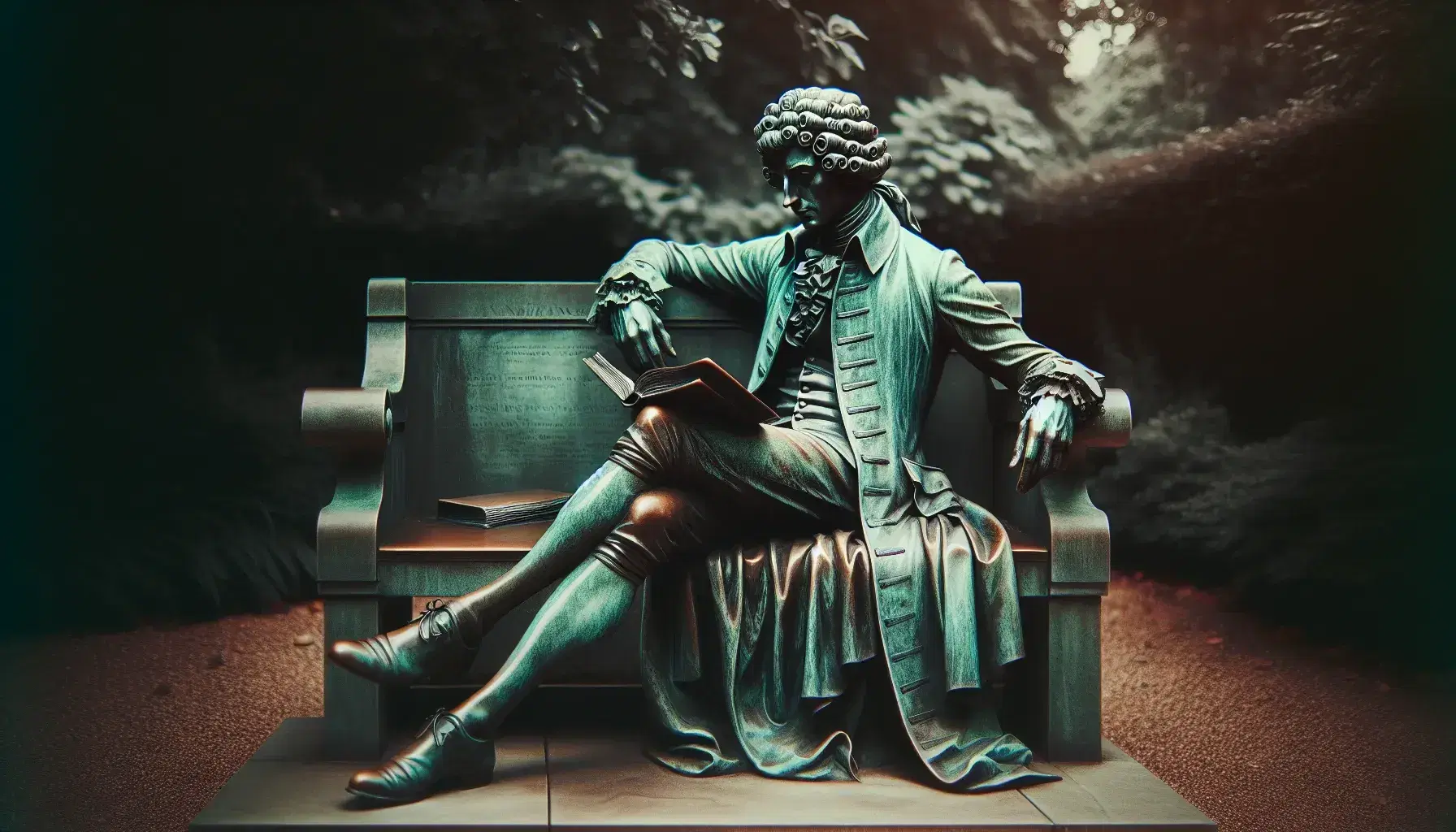 Statua in bronzo di uomo del XVIII secolo seduto su panchina in pietra, con libro aperto, in parco tranquillo.