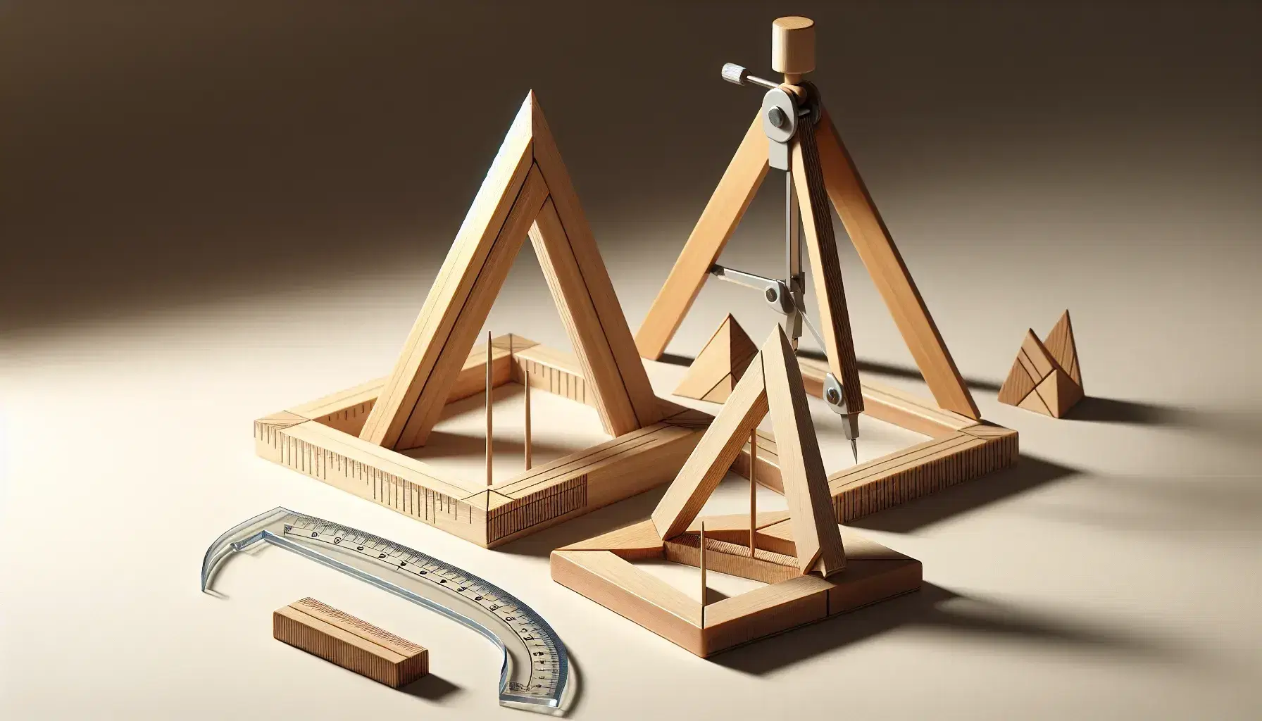 Conjunto de figuras geométricas de madera en 3D con triángulos equilátero, escaleno e isósceles y herramientas de dibujo como compás y transportador sobre superficie clara.