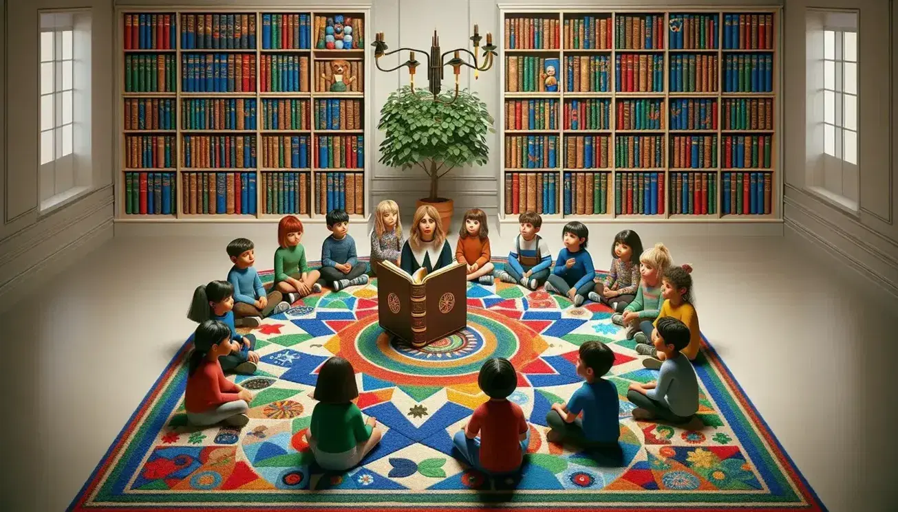 Niños atentos escuchando a una mujer leer un libro en una biblioteca infantil, sentados en alfombra colorida con estantería y decoración de animales al fondo.