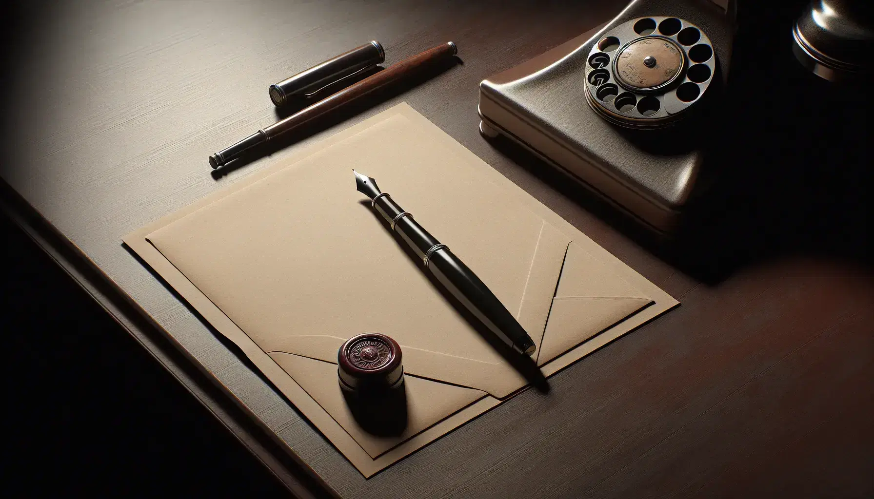 Escritorio de madera oscura con papel en blanco, pluma estilográfica negra, sobre cerrado y sello de lacre rojo oscuro, junto a un teléfono antiguo.