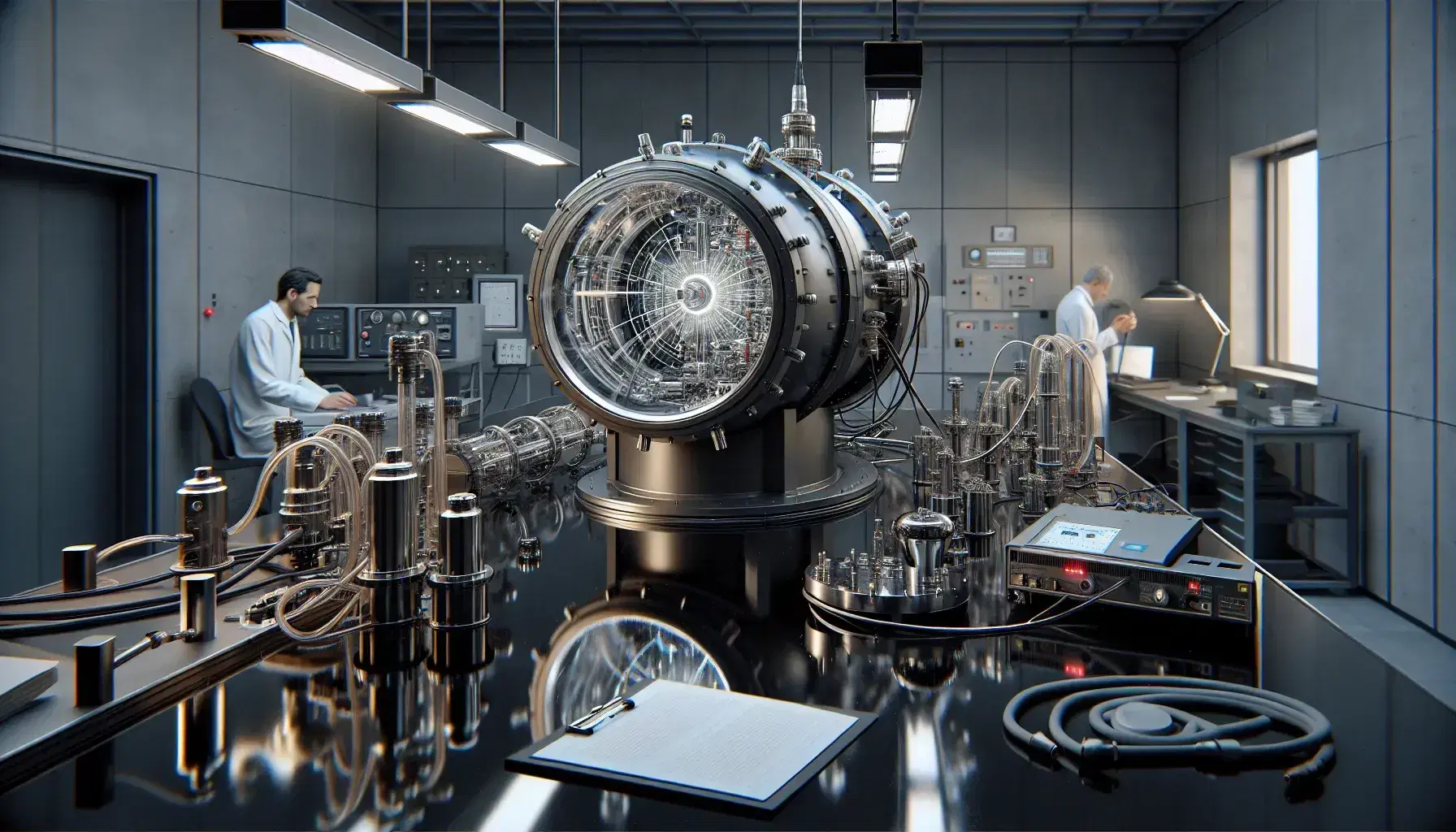 Contemporary physics laboratory with black table and cylindrical particle detector, scientists at work and soft lighting.
