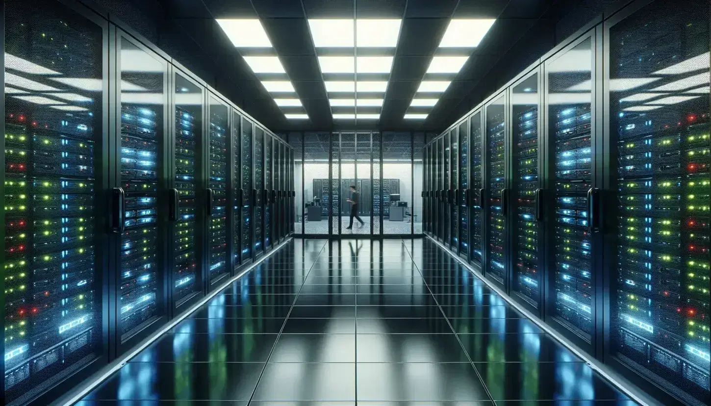 Modern and spacious server room with rows of black cabinets and LED lights, reflective floor and person with laptop walking behind glass wall.