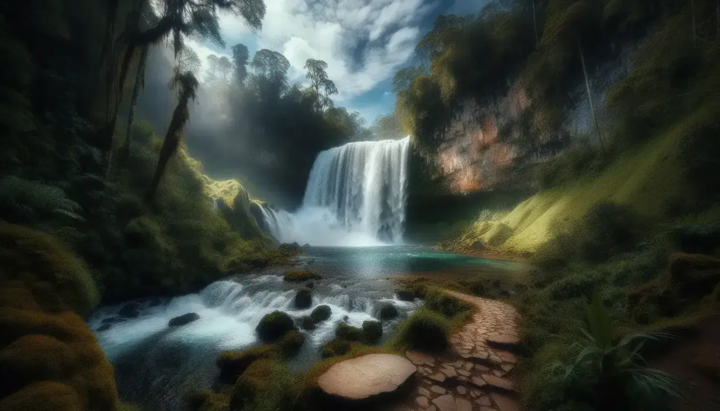 Cascata impetuosa con velo d'acqua bianco e pozza cristallina, sentiero terroso, vegetazione lussureggiante e cielo parzialmente nuvoloso.