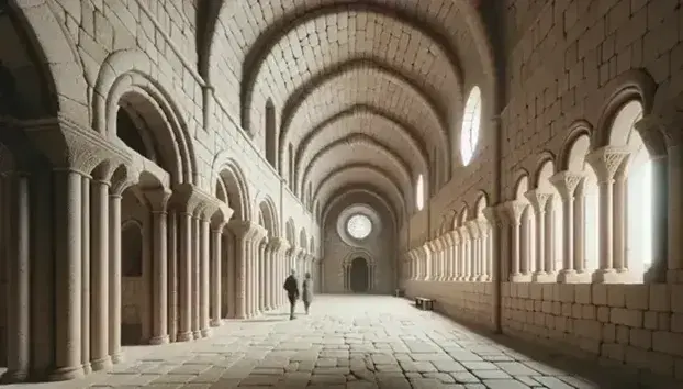Romanesque church interior with round arches, rib-vaulted ceilings, and thin windows illuminating stone walls, showcasing medieval architectural design.