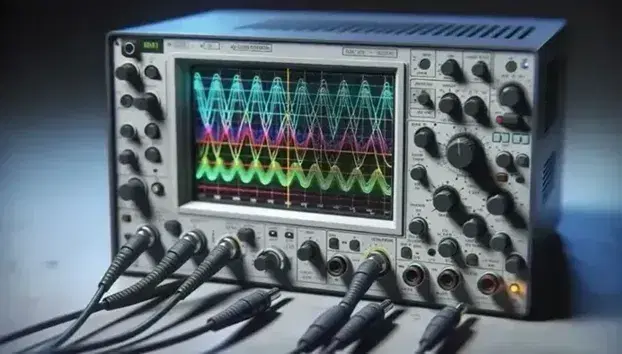 Oscilloscopio moderno visualizza onde sinusoidali colorate su schermo, con manopole di regolazione e cavi di connessione in laboratorio tecnico.
