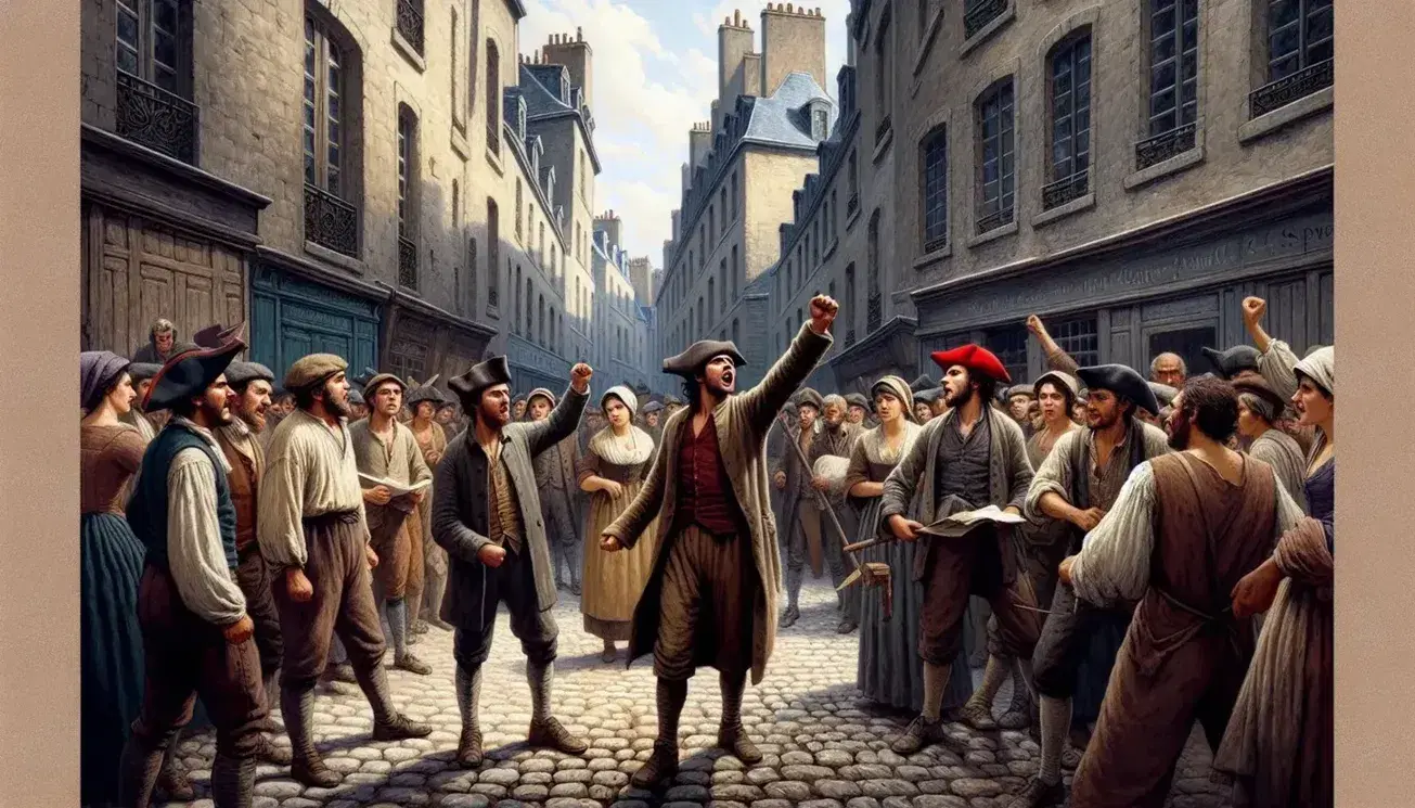 Dynamic French Revolution street scene with sans-culottes in working-class attire, a man rallying a crowd, set against 18th-century Parisian buildings.