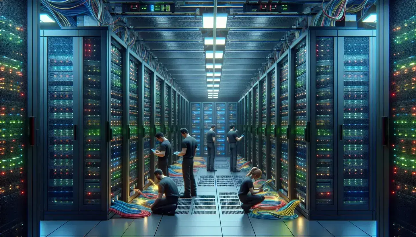 Modern data center with rows of servers and technicians at work, LED lights on servers and colored cables, advanced technological environment.
