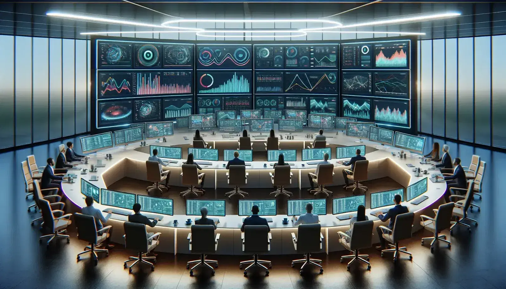 Modern control room with high-resolution monitors displaying colorful graphs, occupied ergonomic chairs, and laptops on a white table, in a well-lit, focused environment.