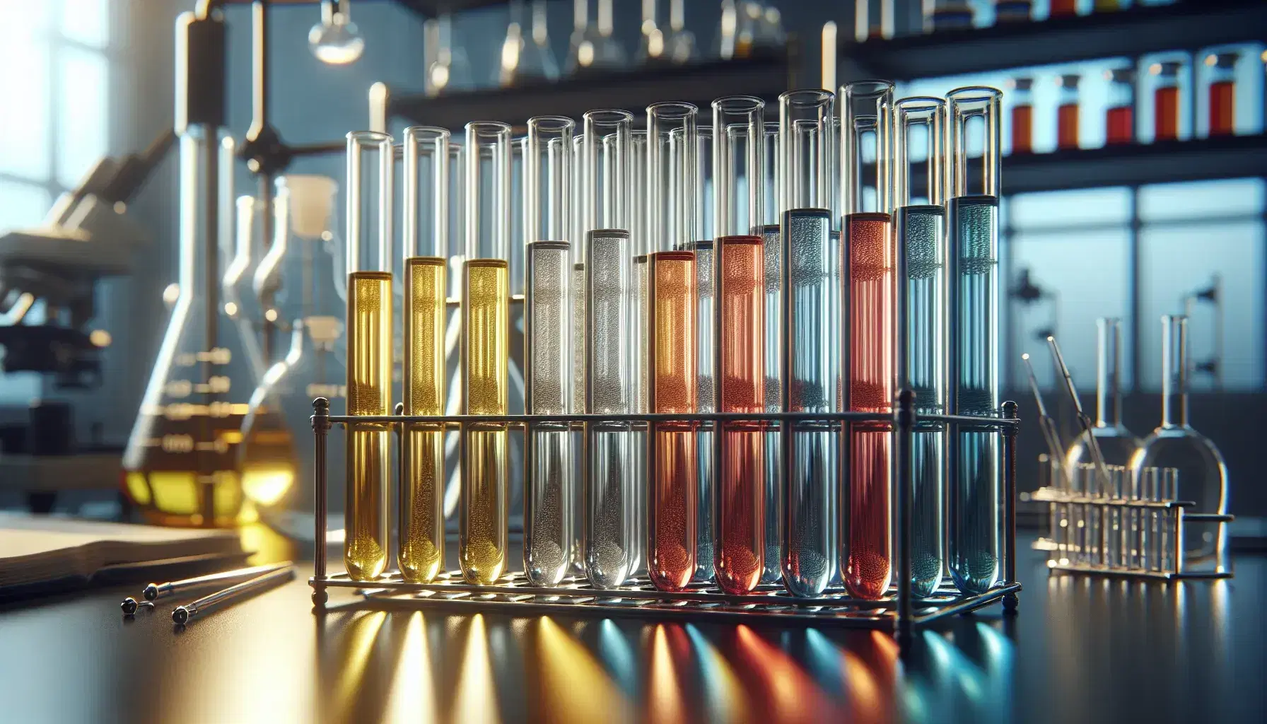Tubos de ensayo de vidrio con líquidos de colores en gradiente, desde amarillos pálidos hasta azules profundos, en soporte metálico con material de laboratorio desenfocado al fondo.