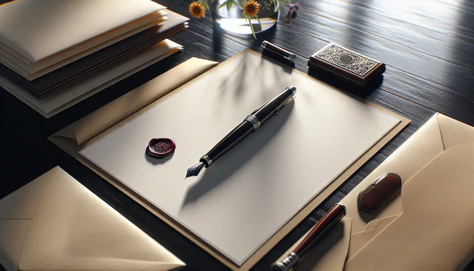 Scrivania in legno scuro con foglio bianco A4, penna stilografica nera, pile di buste avorio e sigillo in cera rosso, sfondo con vaso di fiori colorati.