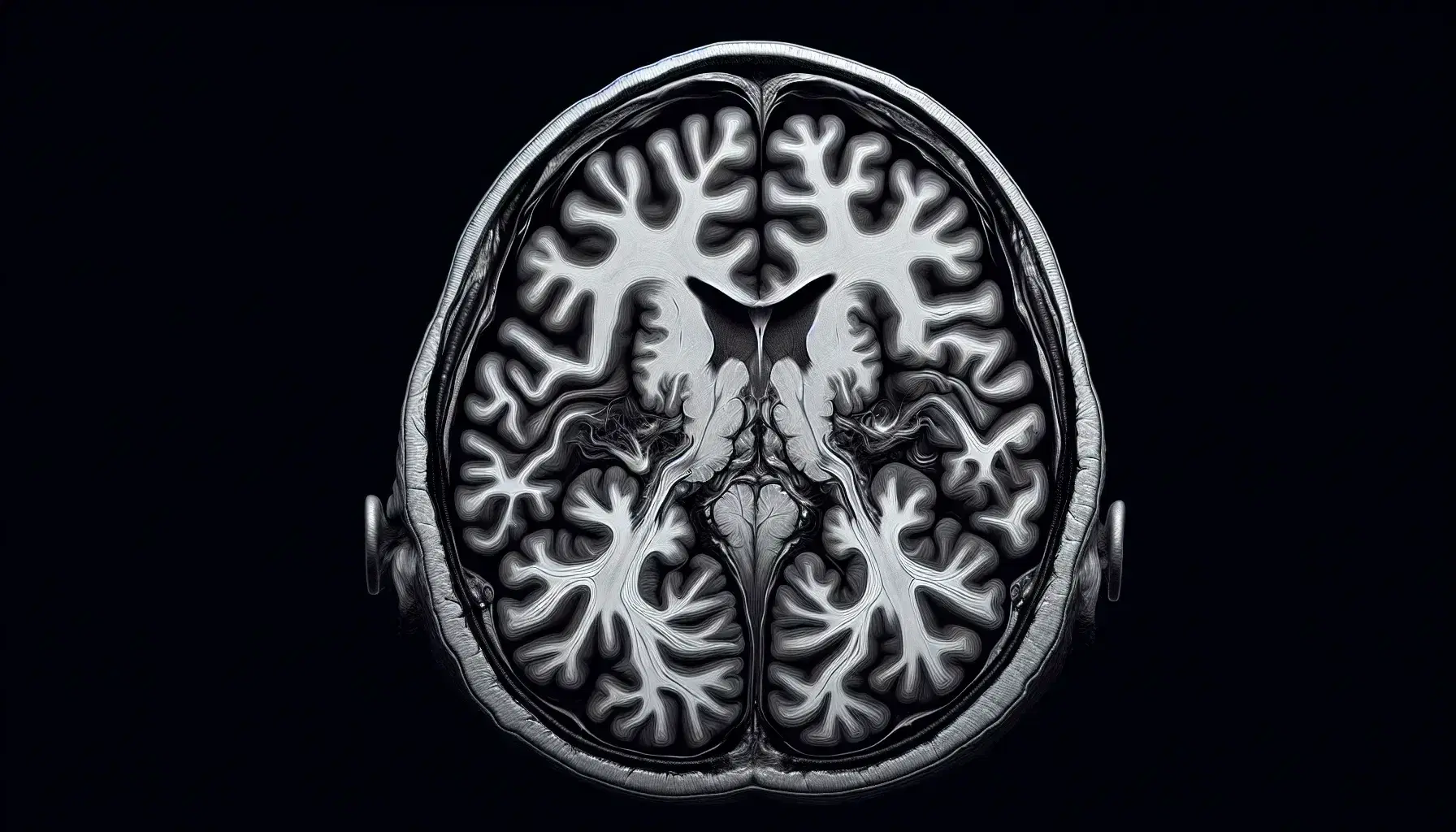 High resolution MRI scan of the human brain in sagittal view, with enlarged lateral ventricles and details of brain structures.