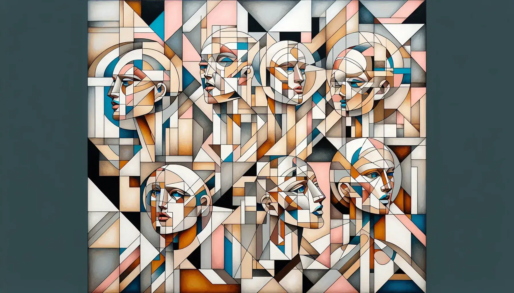 Dipinto astratto cubista con cinque figure femminili geometriche in toni di rosa, blu e beige senza simboli leggibili.