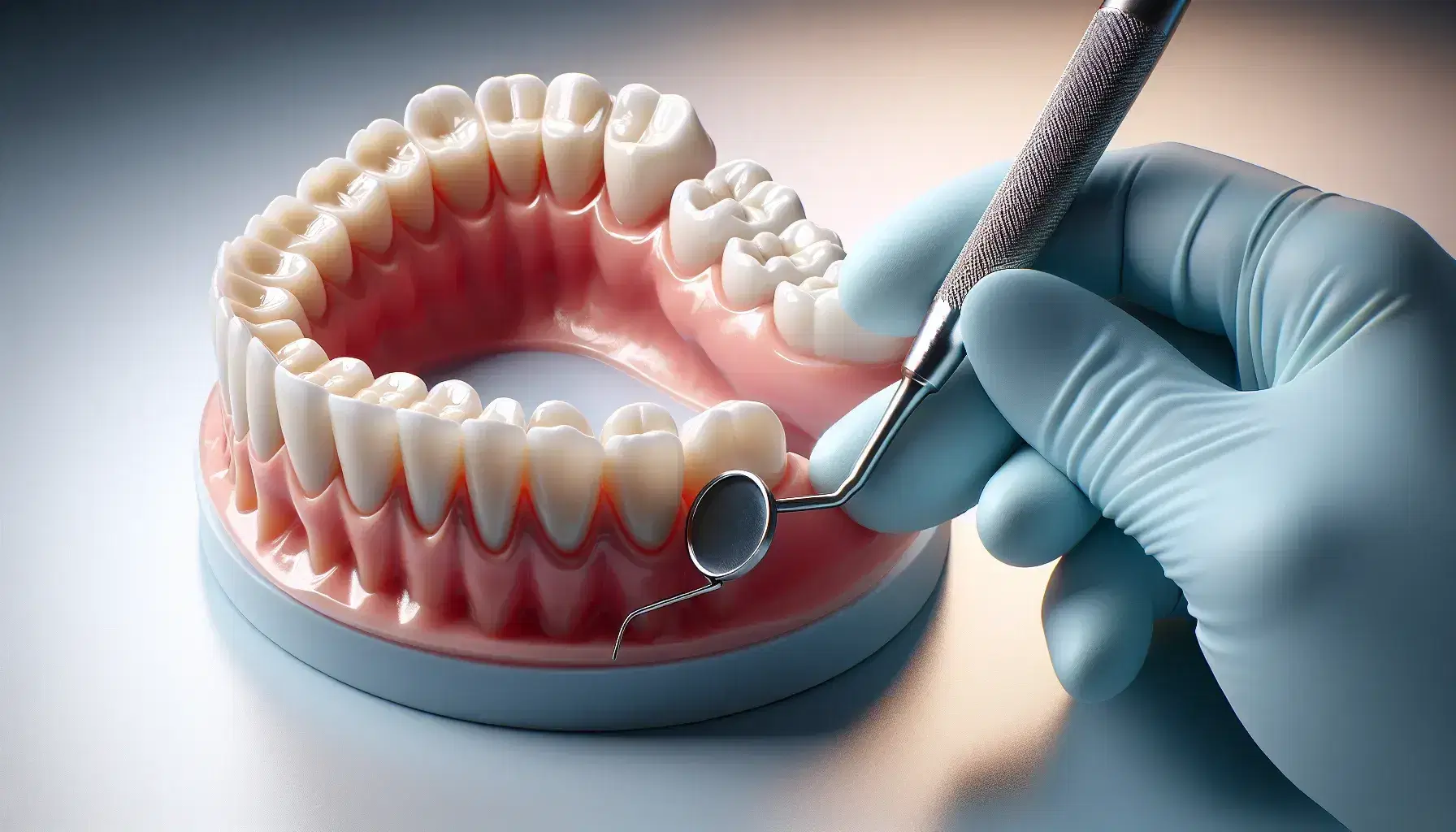 Prótesis dental completa sobre superficie lisa con mano enguantada sosteniendo herramienta dental cerca del maxilar superior, mostrando dientes artificiales y base de encía rosa.