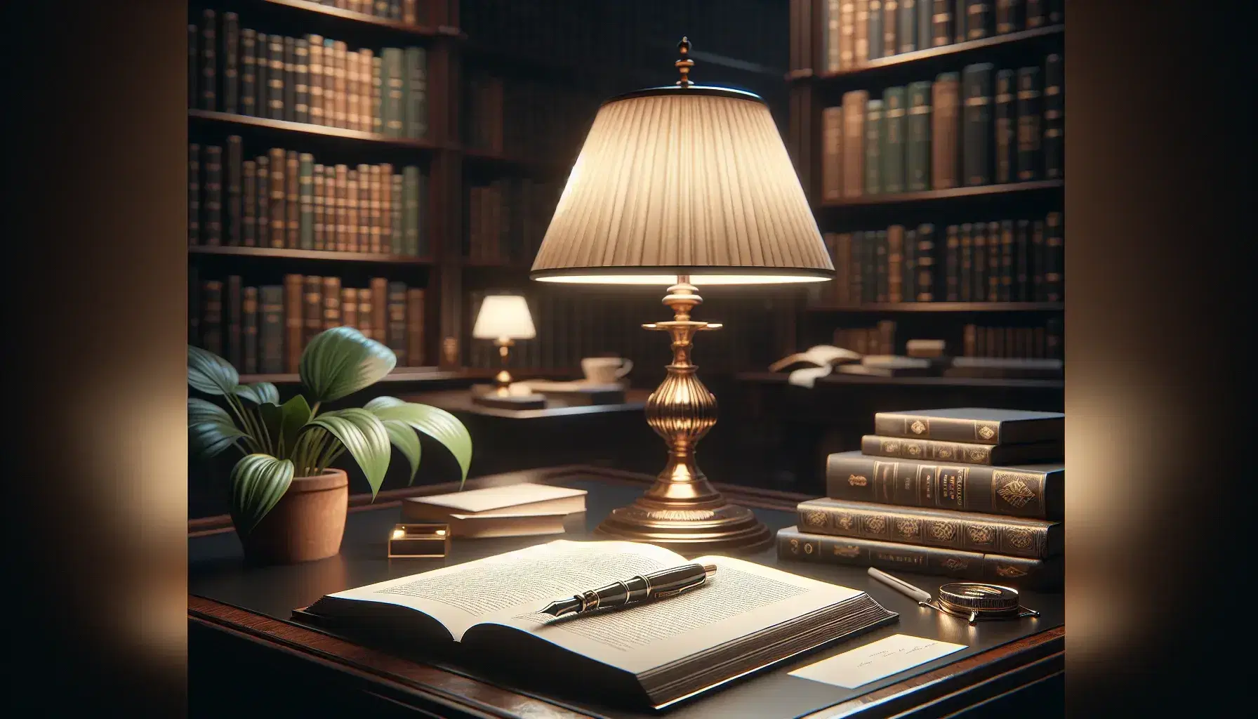 Scena pacifica in biblioteca con lampada da tavolo accesa, libro aperto, penna stilografica nera e scaffali di legno scuro pieni di libri.