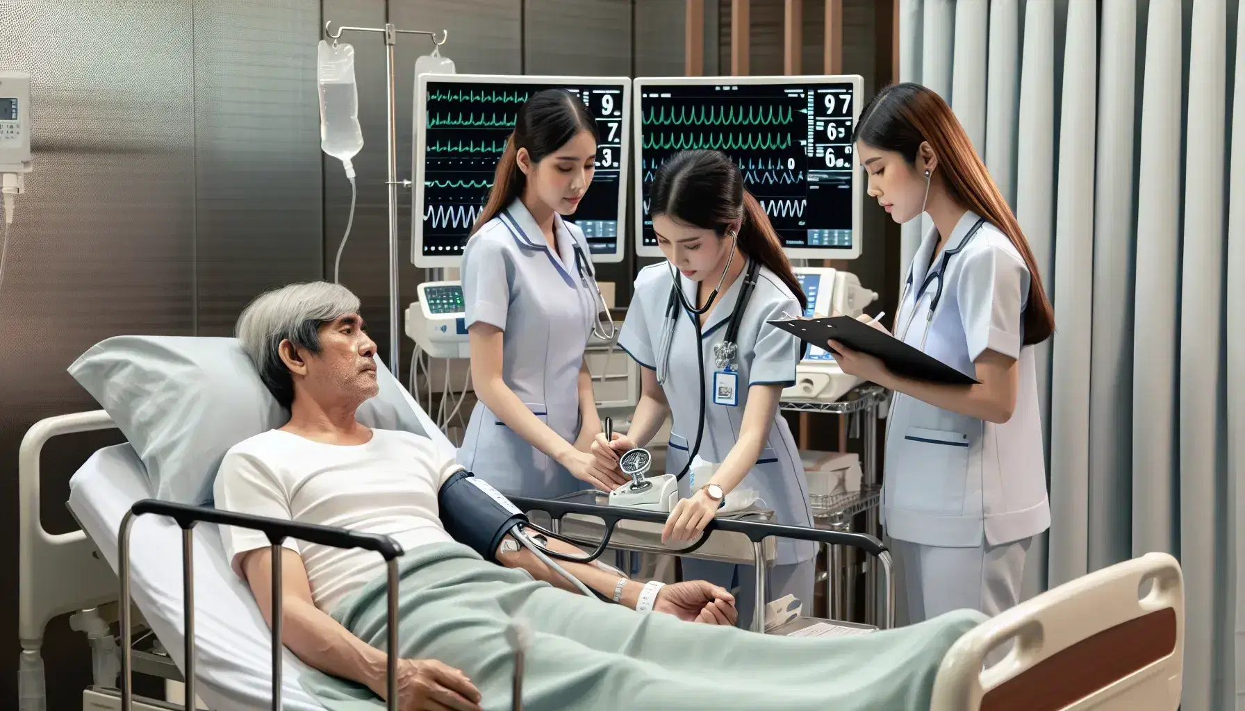 Profesionales de enfermería atendiendo a paciente en cama de hospital, tomando presión arterial y registrando datos, con monitor de signos vitales al fondo.