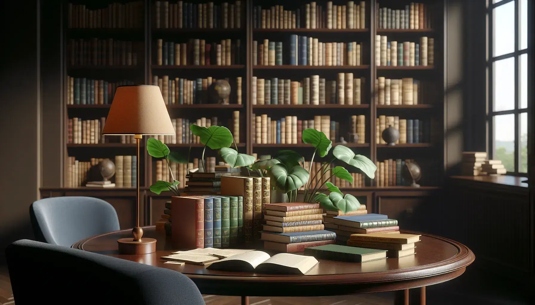 Biblioteca accogliente con scrivania in legno scuro, libri colorati, lampada da tavolo beige e pianta verde, senza persone.