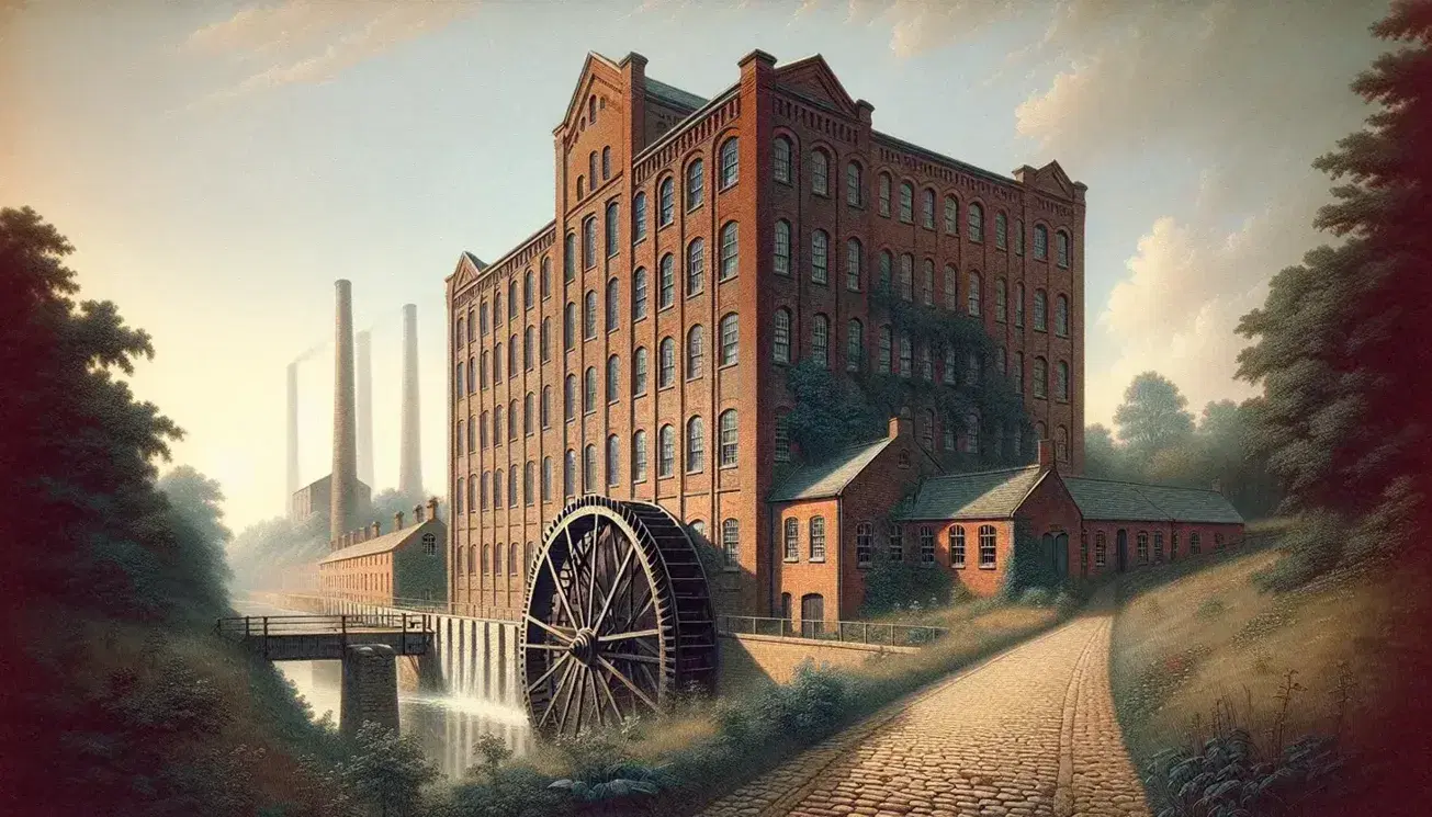 Victorian-era red-brick mill with a large waterwheel, cobblestone path, and distant smokestacks against a pastel blue sky with wispy clouds.