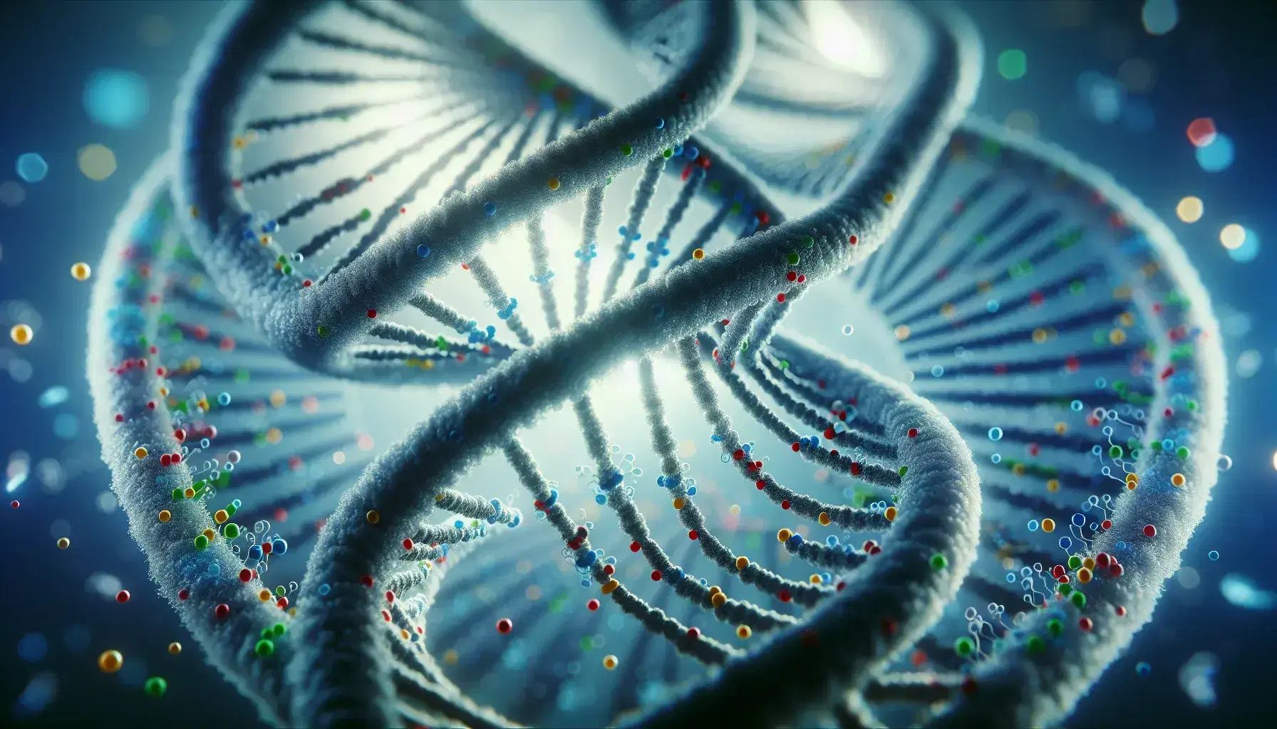 Detailed 3D model of a DNA double helix with colored nucleotide pairs and metallic finish against a soft blue-purple blurred background.