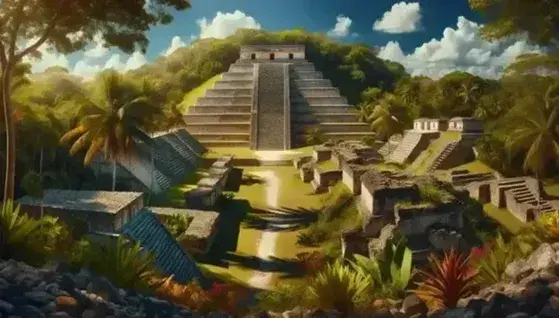 Vista panorámica de las ruinas de una ciudad precolombina con una pirámide escalonada central y estructuras menores entre vegetación tropical bajo un cielo azul.