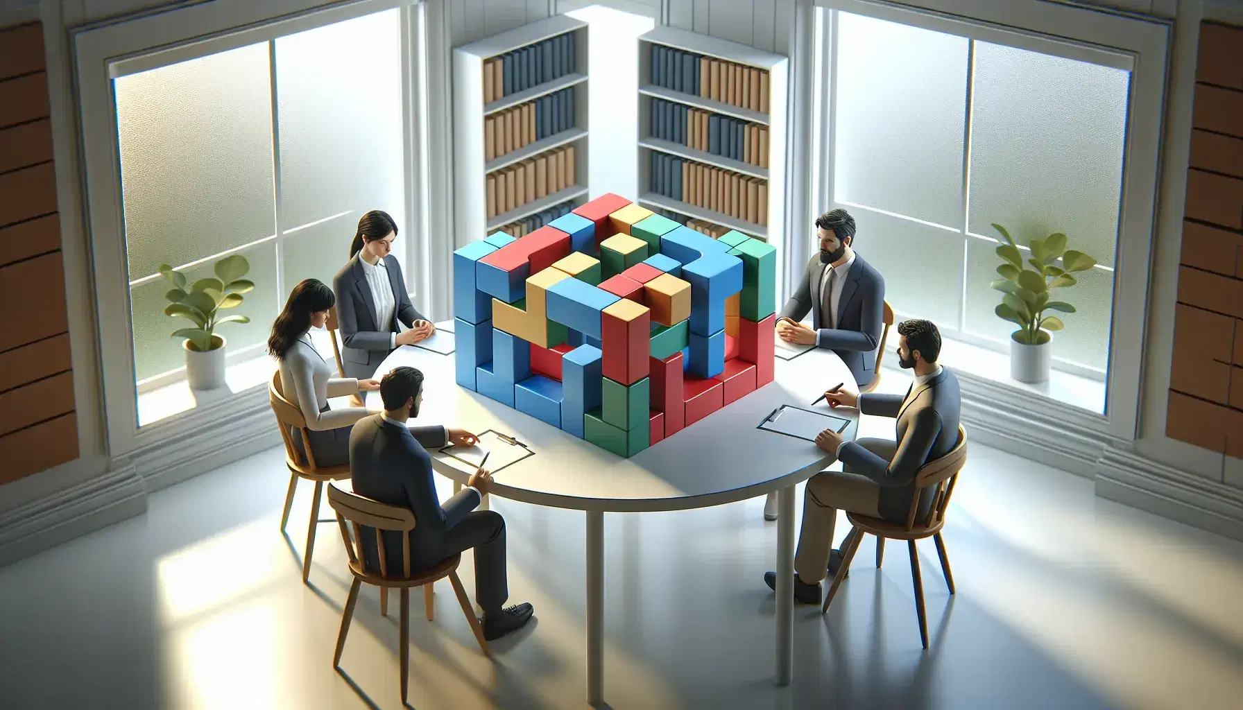 Cuatro profesionales en reunión alrededor de una mesa redonda con un modelo tridimensional de bloques interconectados en el centro, en un ambiente iluminado y formal.