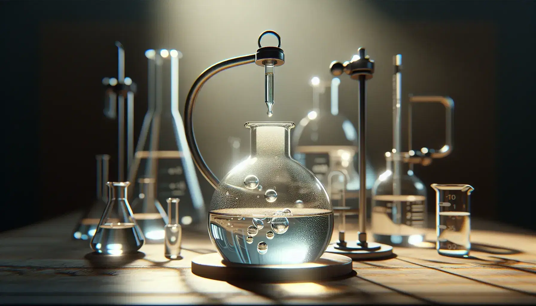 Glass flask on laboratory bench with clear liquid and bubbles, dropper above ready to pour, background with assorted glassware.