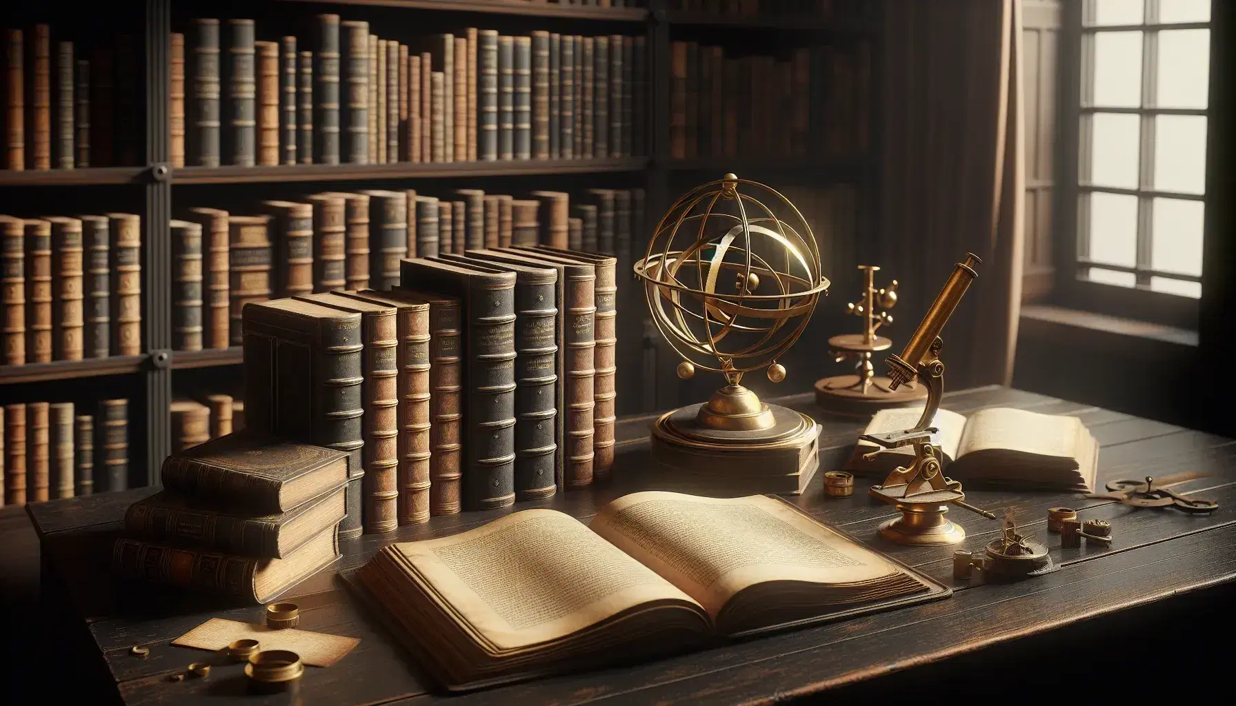 Escena de biblioteca antigua con mesa de madera y libros abiertos, esfera armilar dorada, microscopio de latón y estantes llenos de libros bajo luz suave.