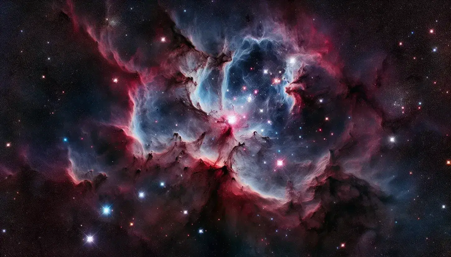 Cielo notturno con stelle scintillanti e nebulosa colorata dai toni del rosso al blu, con stella brillante blu-bianca a sinistra.
