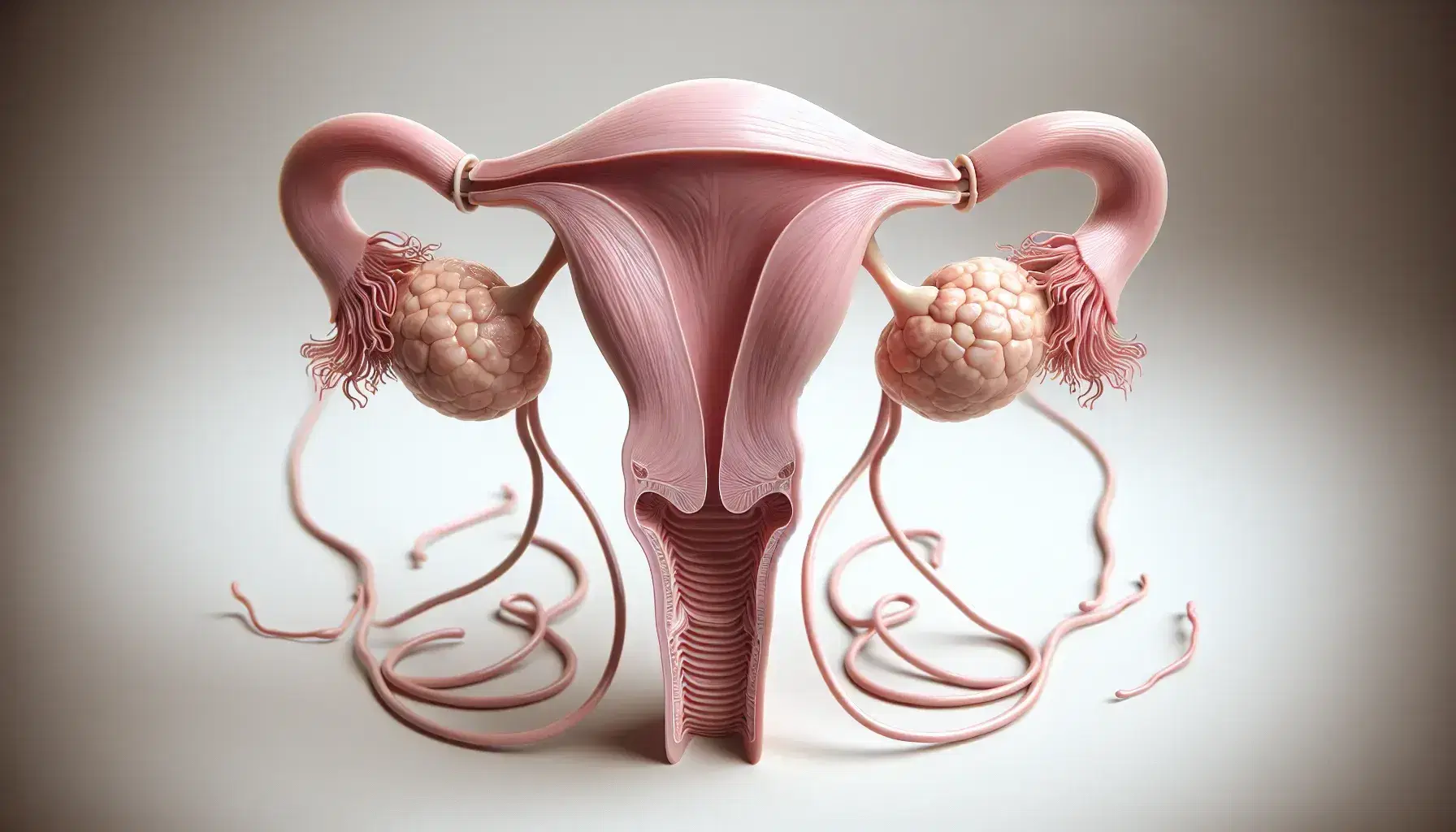 Sistema reproductor femenino en 3D con útero rosa pálido, ovarios rosados y trompas de Falopio curvas, sin distracciones de fondo.