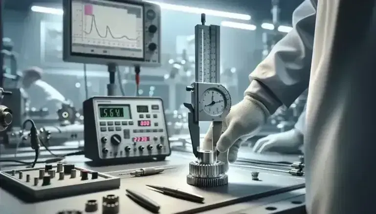 Mano con guante blanco mide diámetro de cilindro metálico con calibre vernier en laboratorio de automatización industrial, con multímetro digital y osciloscopio al fondo.
