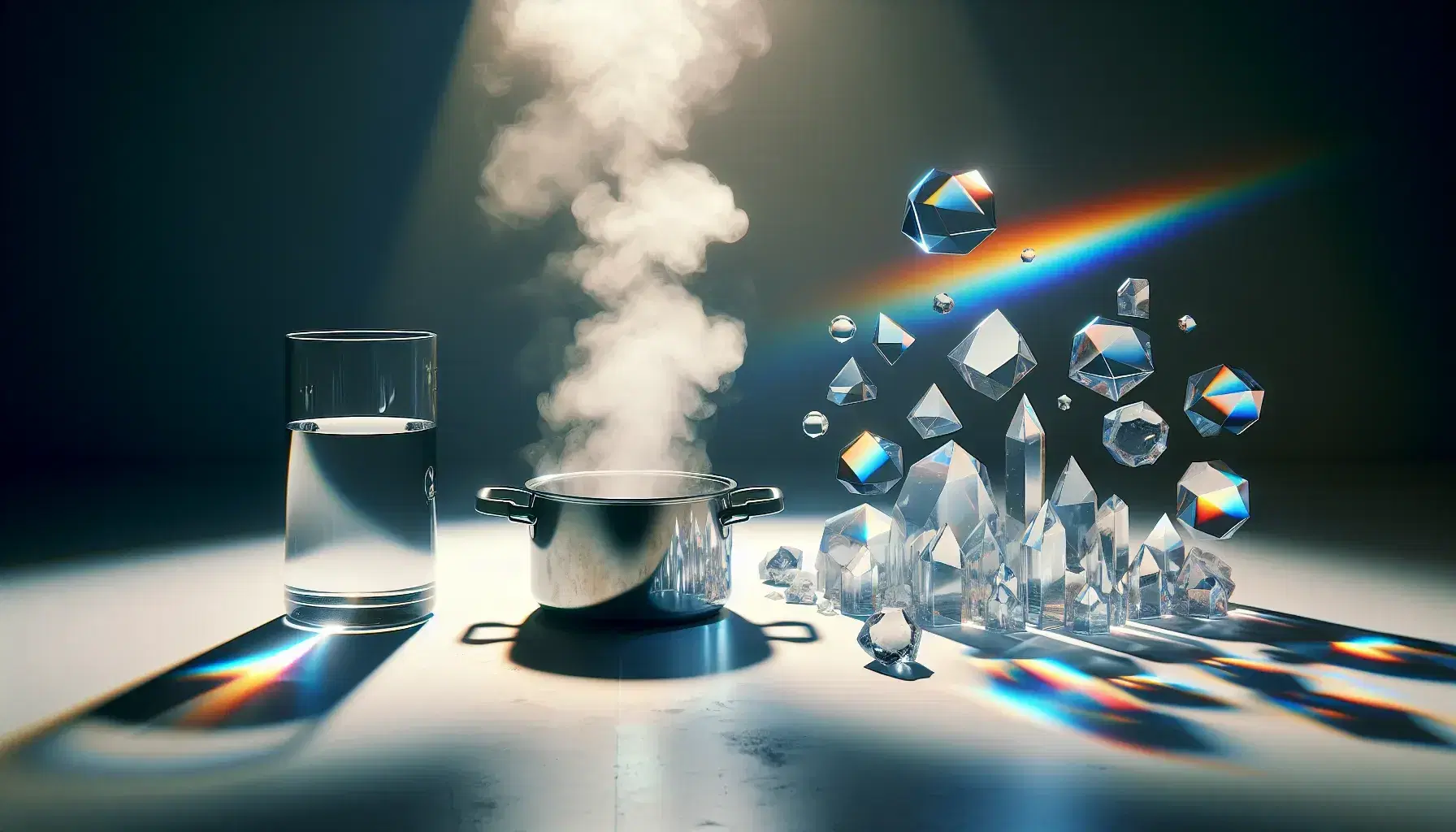 Stato liquido rappresentato da un bicchiere d'acqua, vaporizzazione da una pentola con vapore e solidi cristallini riflettenti.