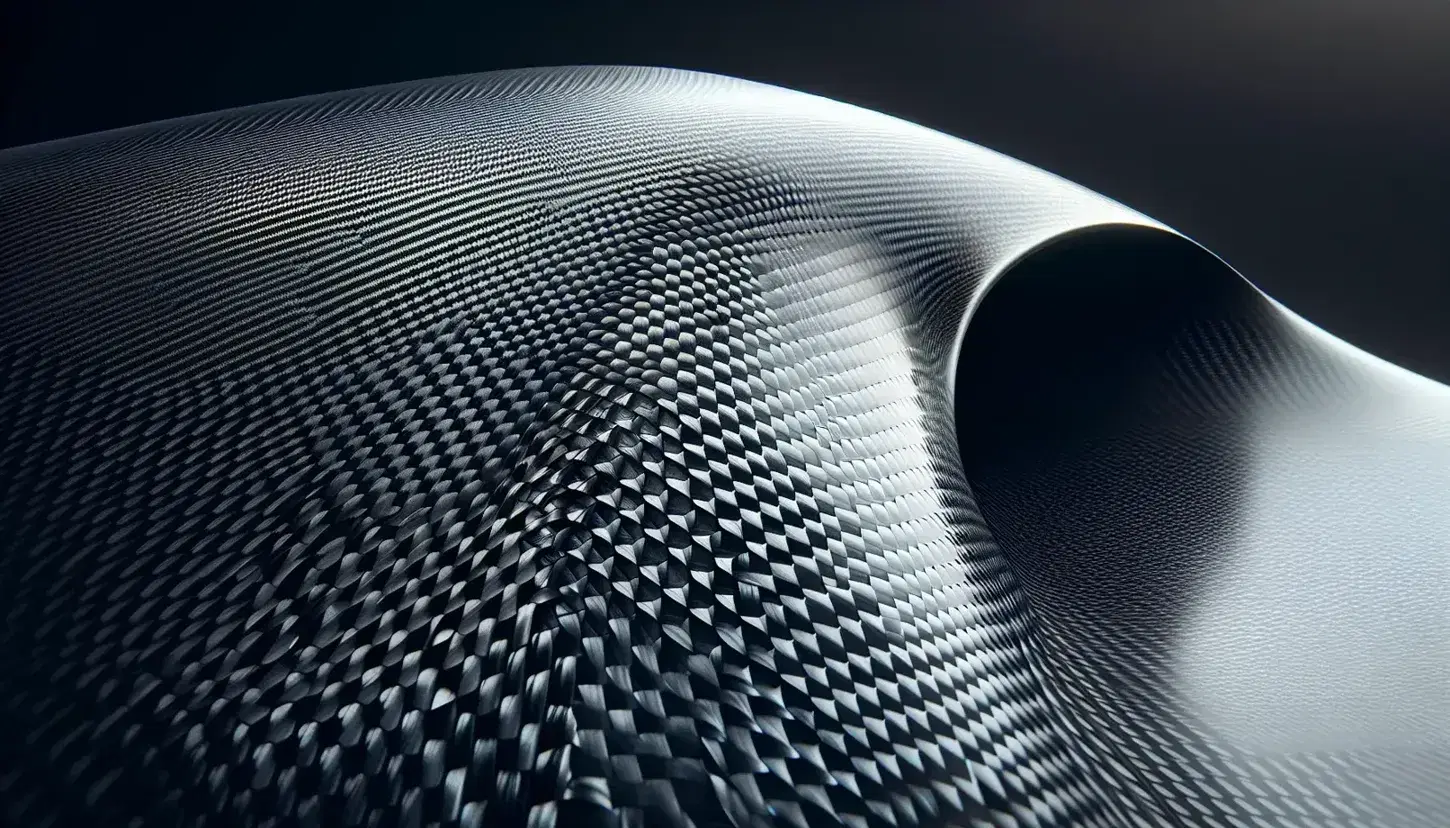 Close up of carbon fiber composite material with shiny woven texture and blurred background of gray aerodynamic structure.