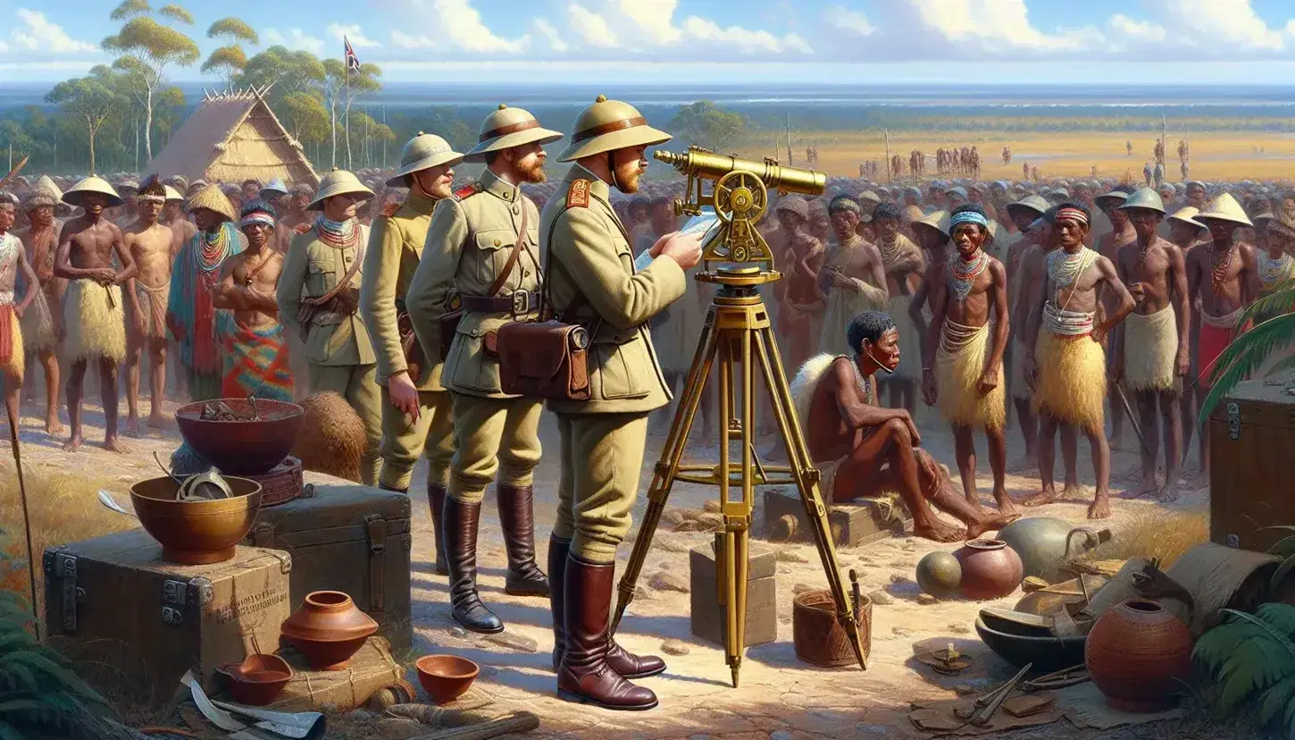 Late 19th-century European explorers with sextant and telescope meet indigenous people amidst tropical vegetation under a clear blue sky.