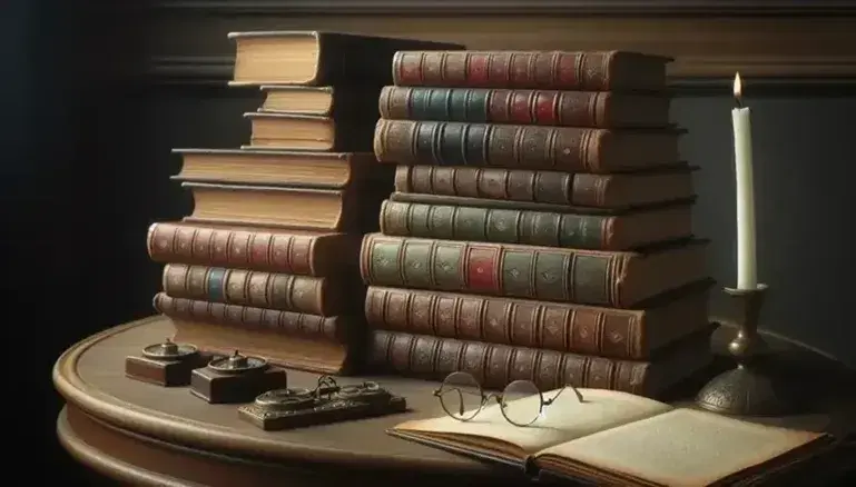 Stack of antique books with worn leather covers on a wooden table with glasses and brass candle, warm and thoughtful atmosphere.
