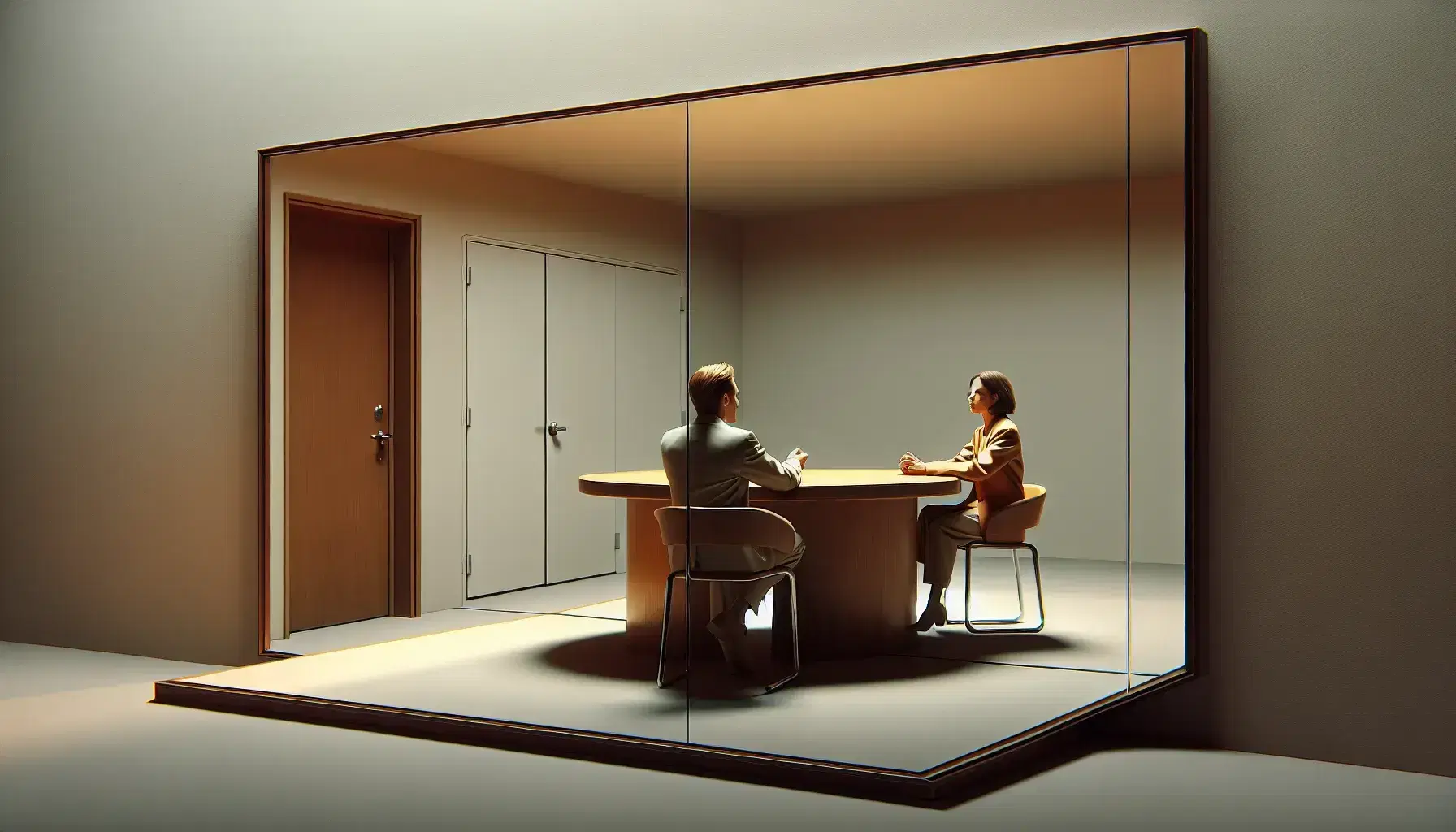 Neutral room with two-way mirror, man in blazer and woman in orange tracksuit sitting at a round table in dialogue, soft lighting.