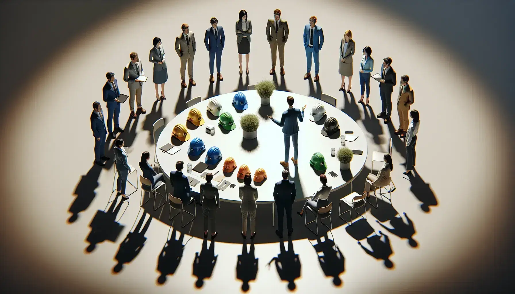 Grupo de profesionales en atuendo formal reunidos en semicírculo con cascos de seguridad en mesa y plantas verdes, en ambiente de colaboración.