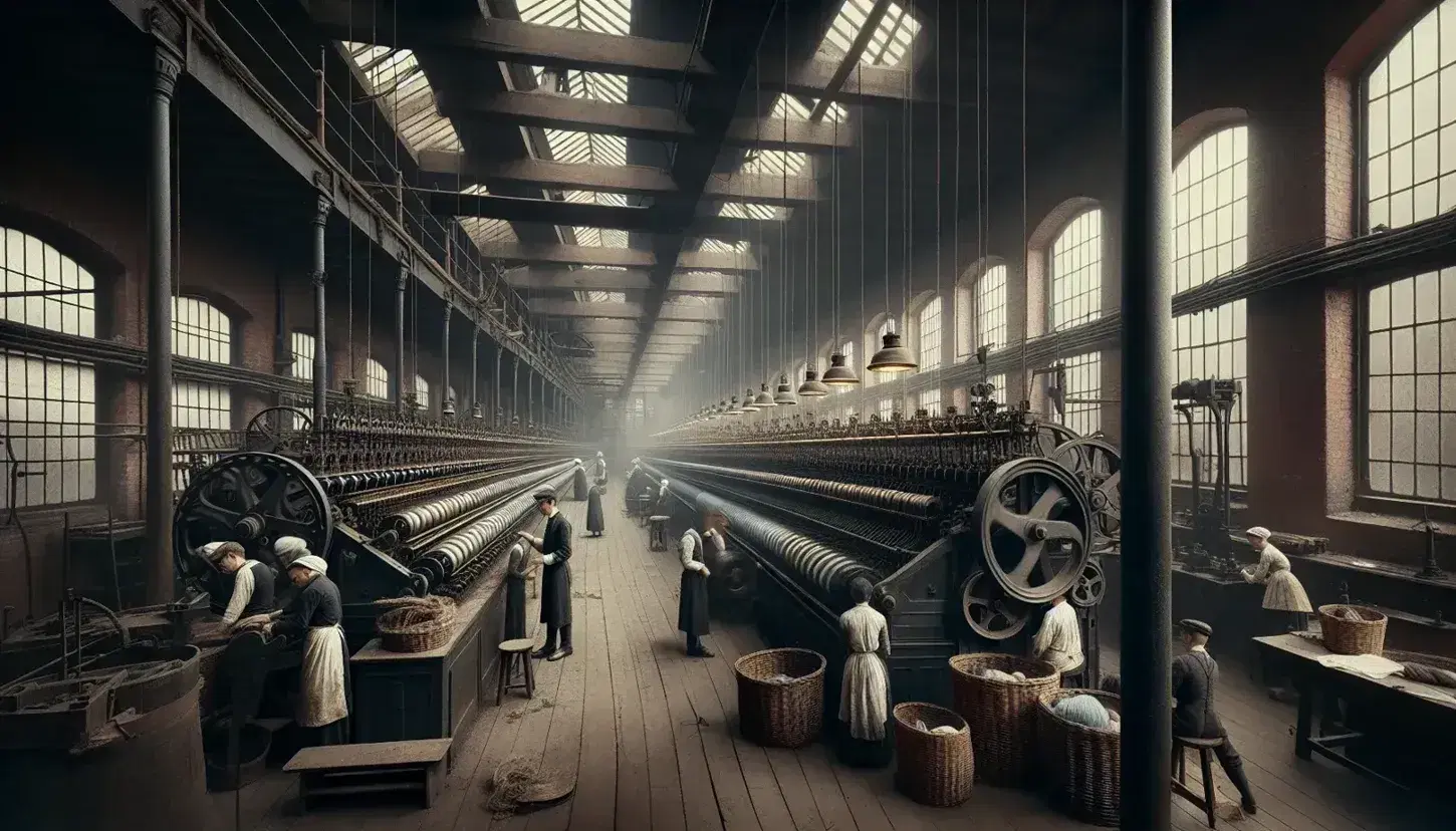 Interno di una fabbrica dell'epoca industriale con operai intenti al lavoro tra macchinari tessili in ferro, illuminazione soffusa e pavimento in legno.