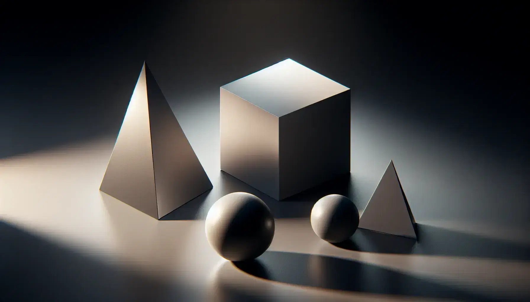 Solidi geometrici su superficie riflettente con ombre nitide, inclusi cubo, sfera e cono illuminati da destra.