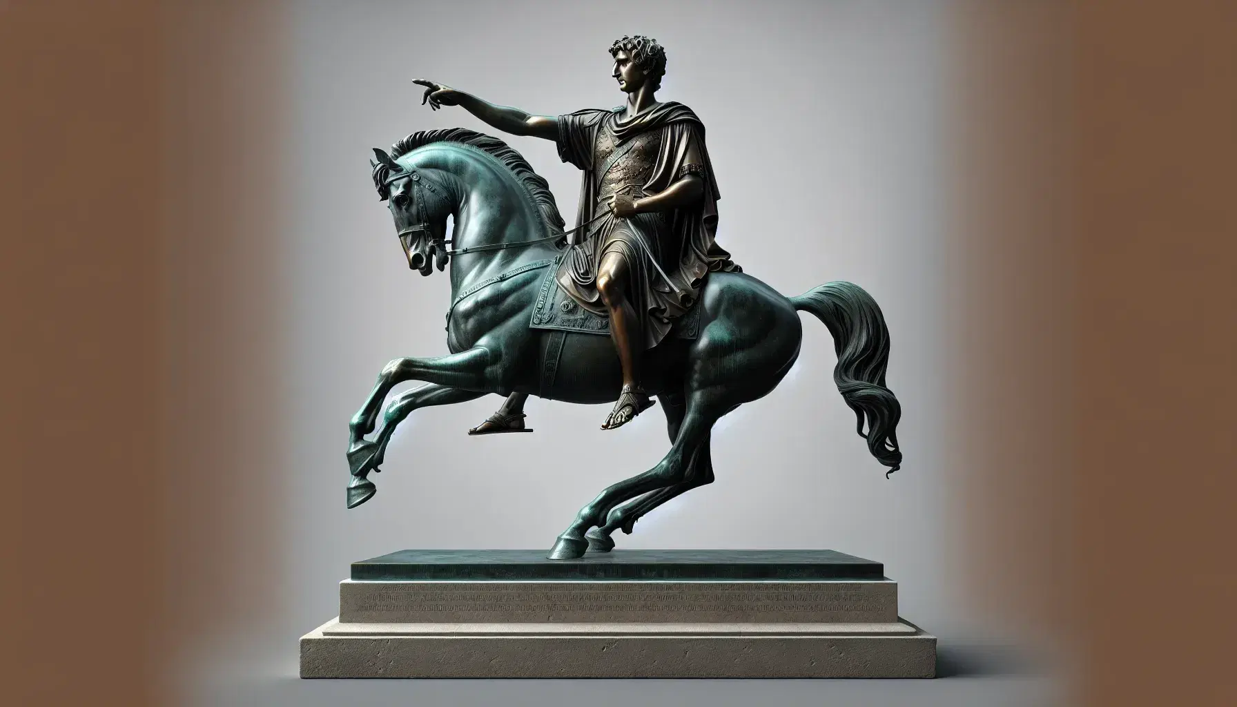 Statua in bronzo di uomo in armatura su cavallo impennato, con mano destra estesa e sinistra che regge le redini.