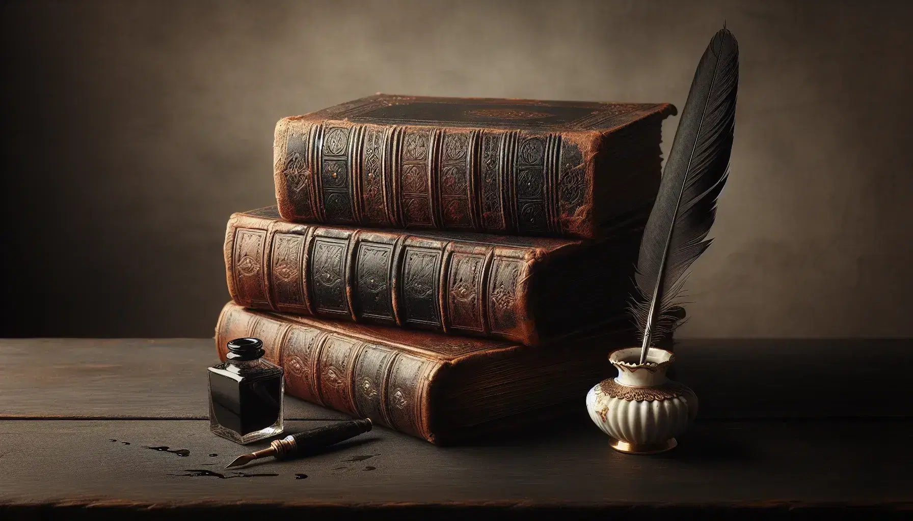 Tres libros antiguos de cuero apilados en una mesa de madera oscura junto a una pluma de ave negra y un tintero de porcelana con tinta.
