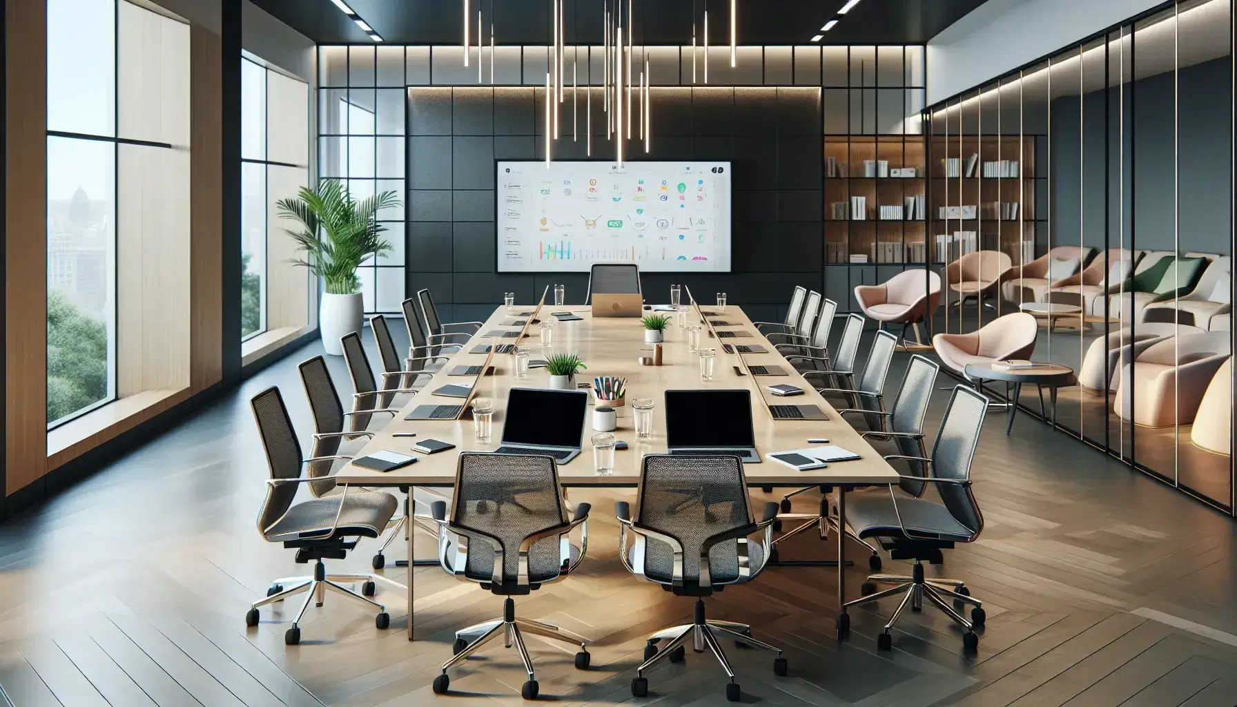 Sala de reuniones moderna con mesa rectangular, sillas ergonómicas, laptops, teléfonos, pizarra blanca y planta, iluminada por luz natural y artificial.