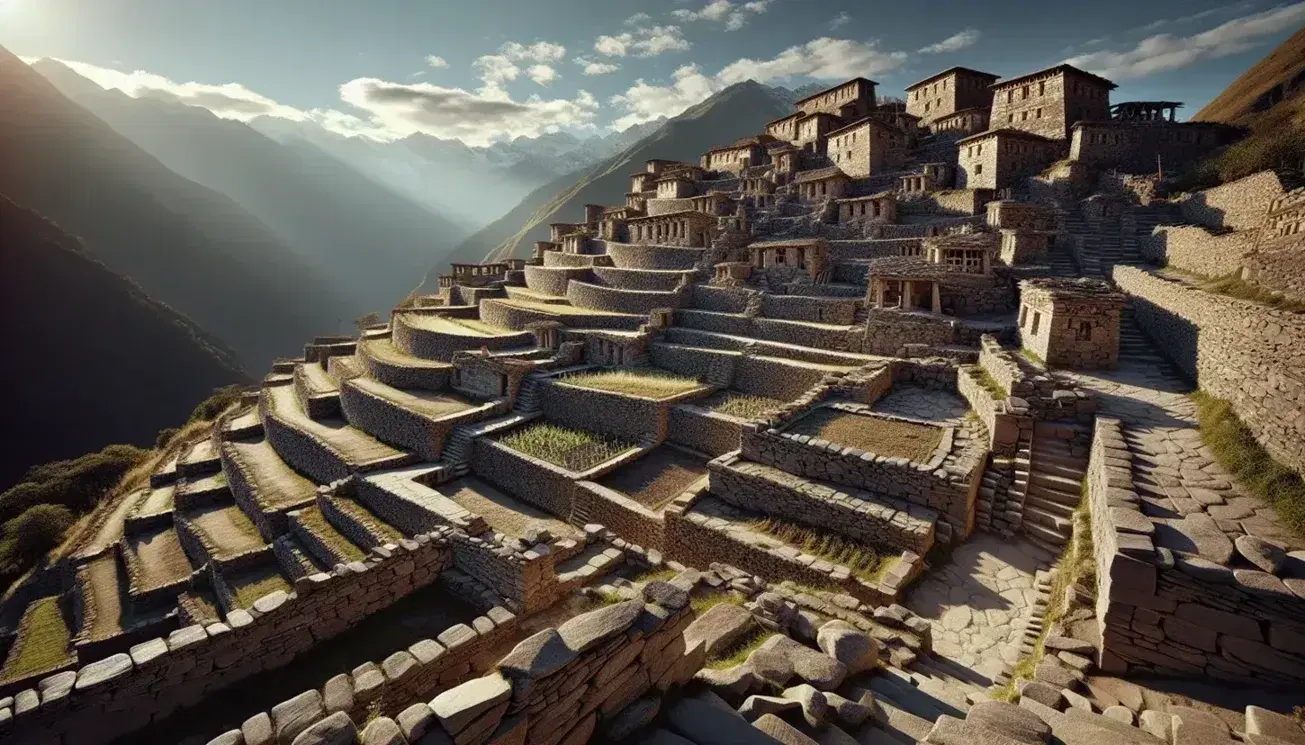 Construcción arquitectónica de piedra en terrazas en una ladera montañosa, con estructuras avanzadas en la cima y terrazas agrícolas en primer plano bajo un cielo azul.