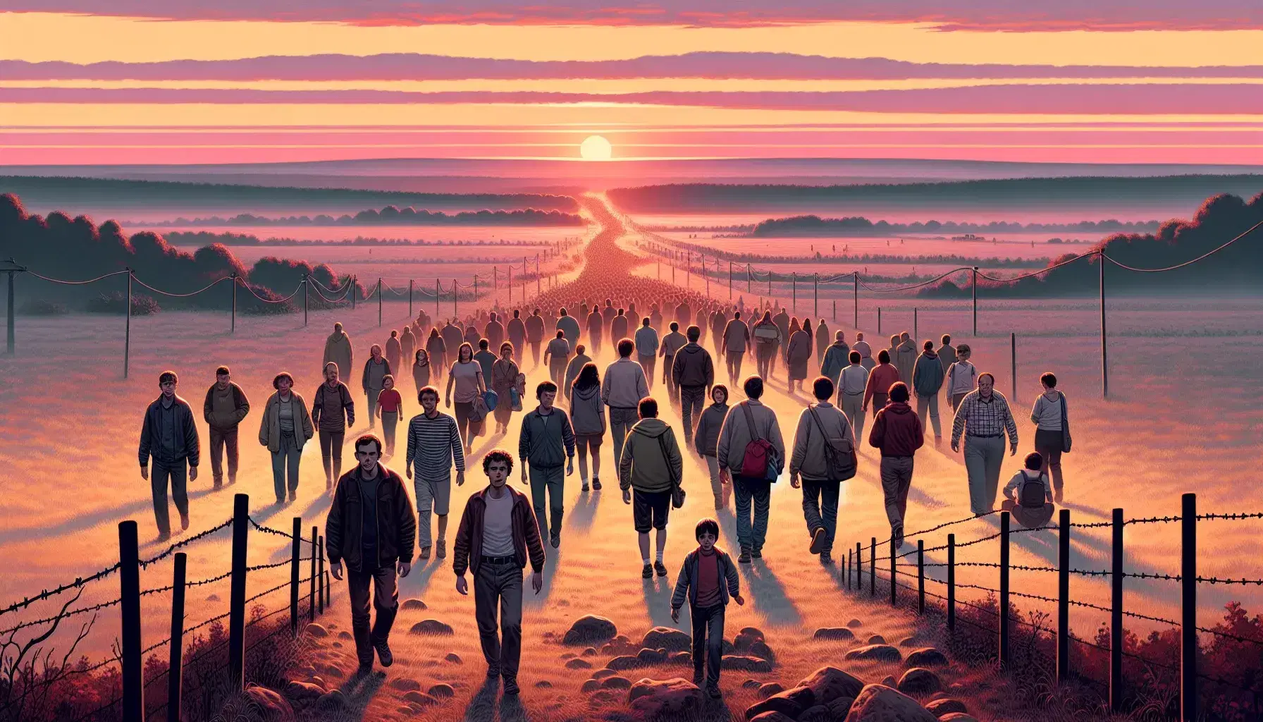 Group walking in rural landscape at dawn or dusk, sun casting warm glow, barbed wire fence in foreground, long shadows on dry grass.