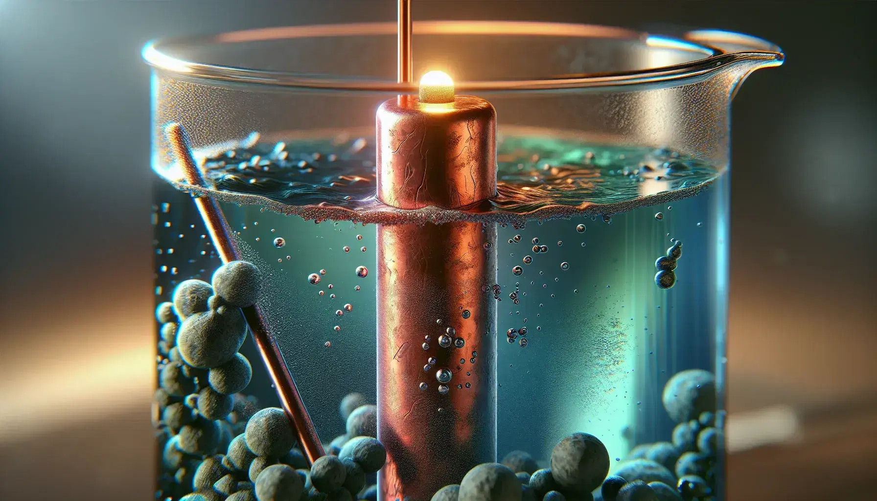 Close-up of a galvanic cell with a copper electrode in blue solution and a zinc electrode in green solution, connected by a wire with a light bulb on.
