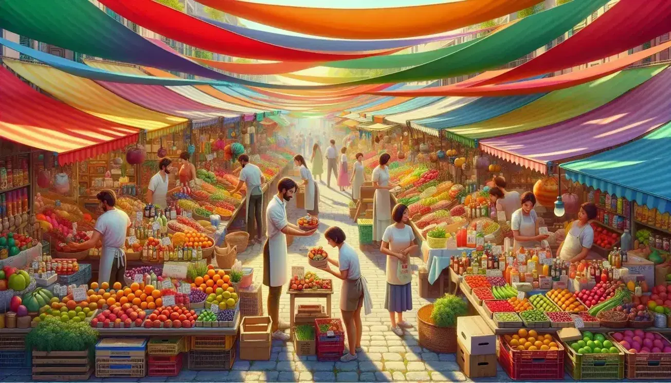 Mercado al aire libre con puestos de colores vivos vendiendo frutas, verduras y productos envasados, con clientes y vendedores interactuando en un día soleado.