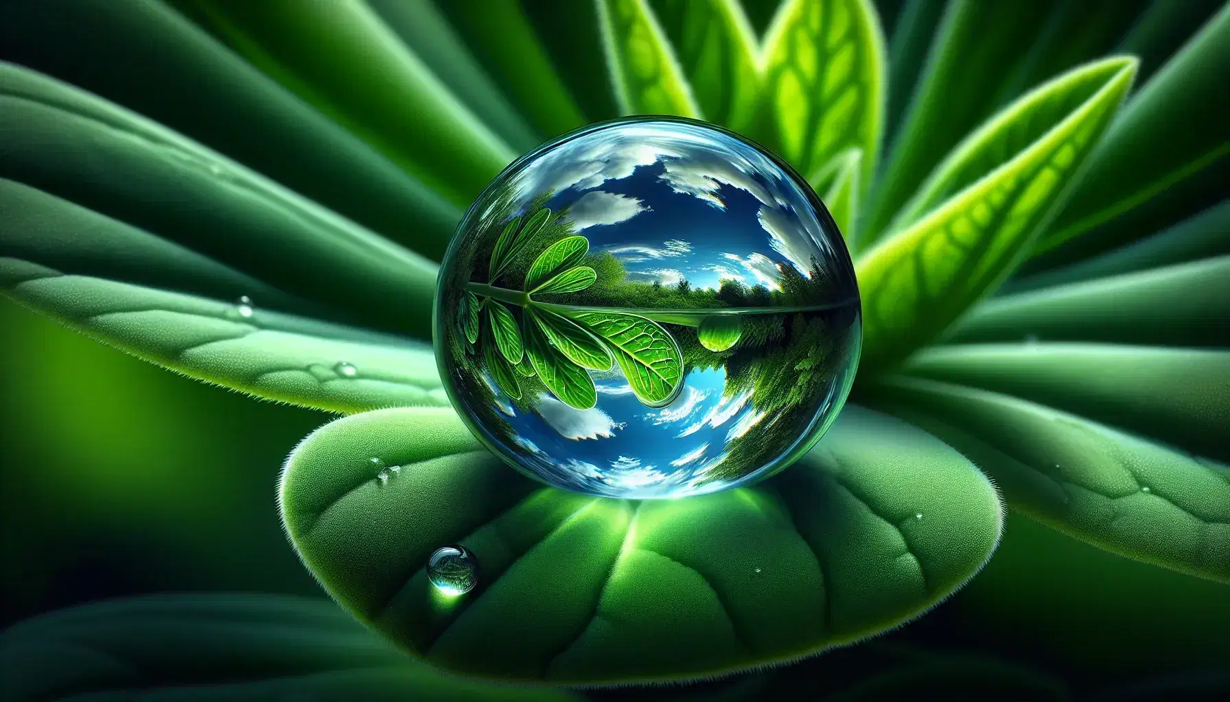 Goccia d'acqua sferica sospesa in aria riflette cielo azzurro e nuvole, staccata da foglia verde con venature, sfondo sfocato naturale.
