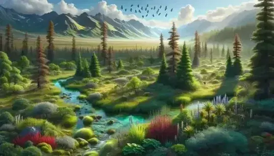 Paisaje natural diverso con árboles, plantas silvestres coloridas, arroyo cristalino, montañas con niebla y cielo azul con aves volando en formación y un pequeño mamífero observando.