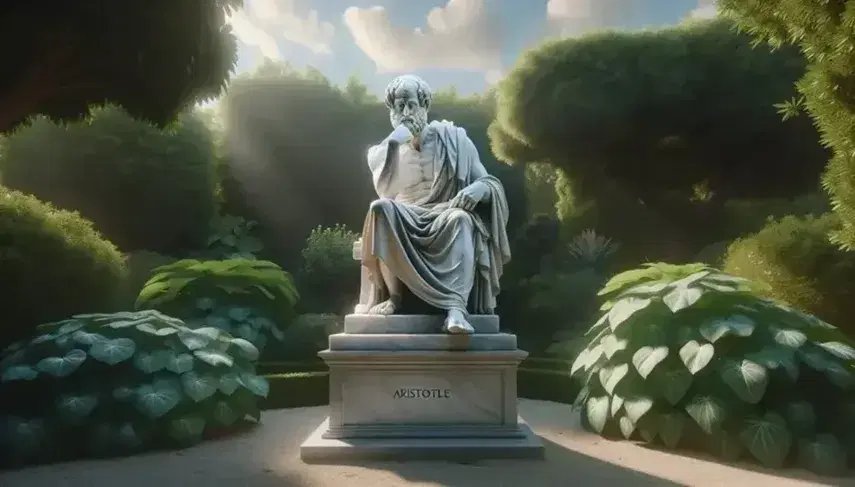 Statua in marmo bianco di Aristotele seduto in posa riflessiva, con mano al mento, su piedistallo in giardino ombreggiato.