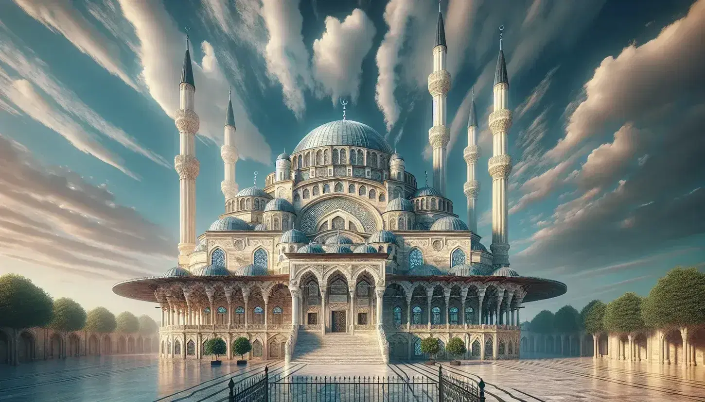 Architettura ottomana con moschea storica, cupole in serie e minareto alto su cielo azzurro, dettagli in rilievo e cortile alberato.