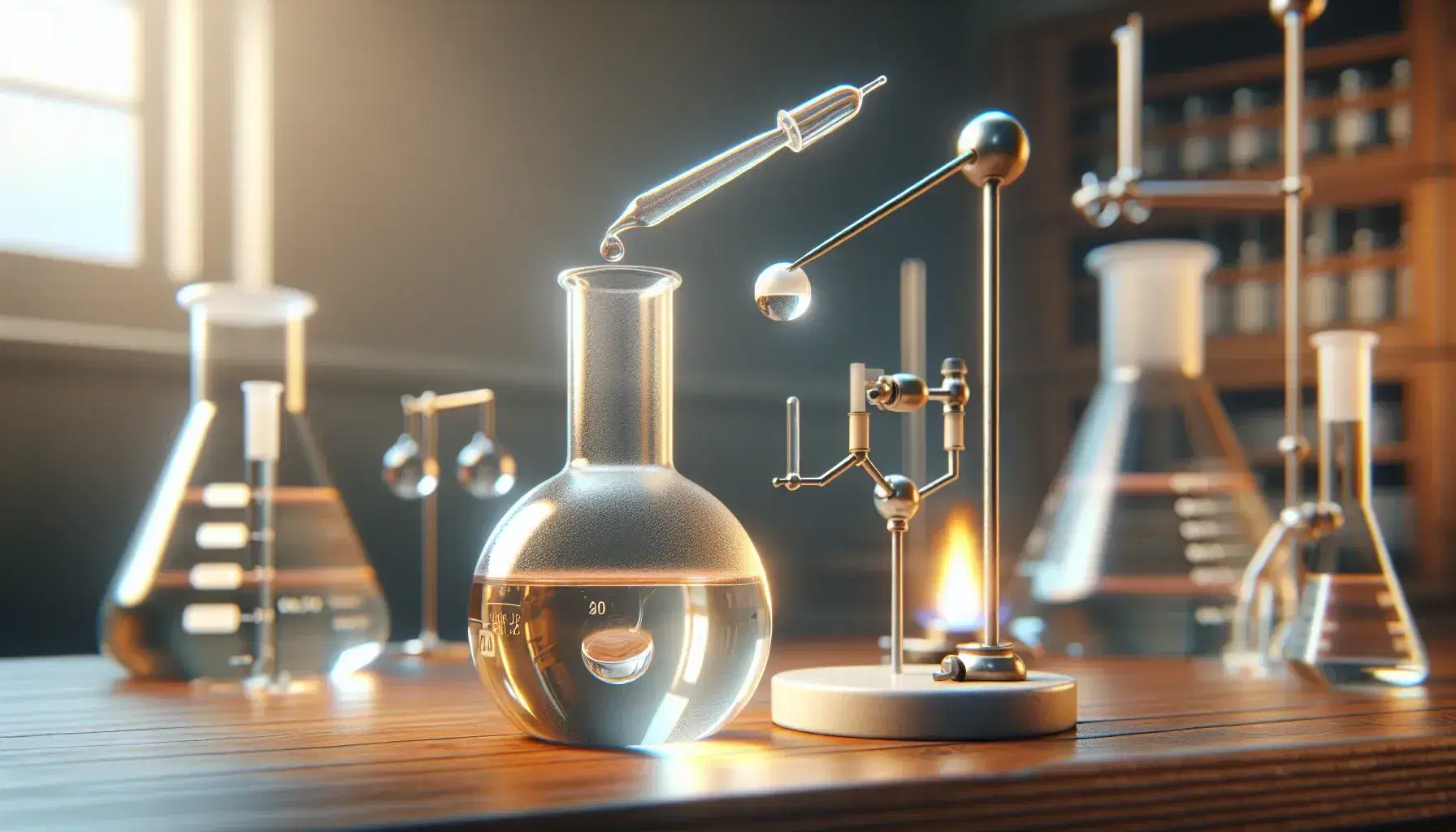 Glass flask on laboratory bench with amber liquid, dropper above and blue flame of a Bunsen burner beside, vials in background.